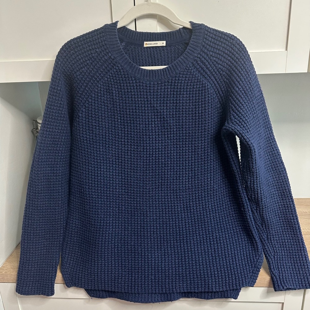 Marine Layer Waffle Knit Raglan Crewneck Sweater Womens M Navy Merino Wool Blend